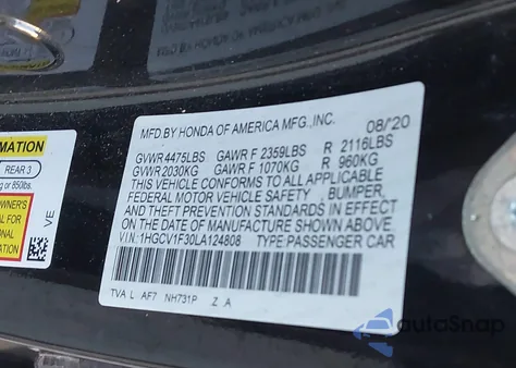 2020 Honda Accord Sport from USA, damaged, VIN 1HGCV1F30LA124808